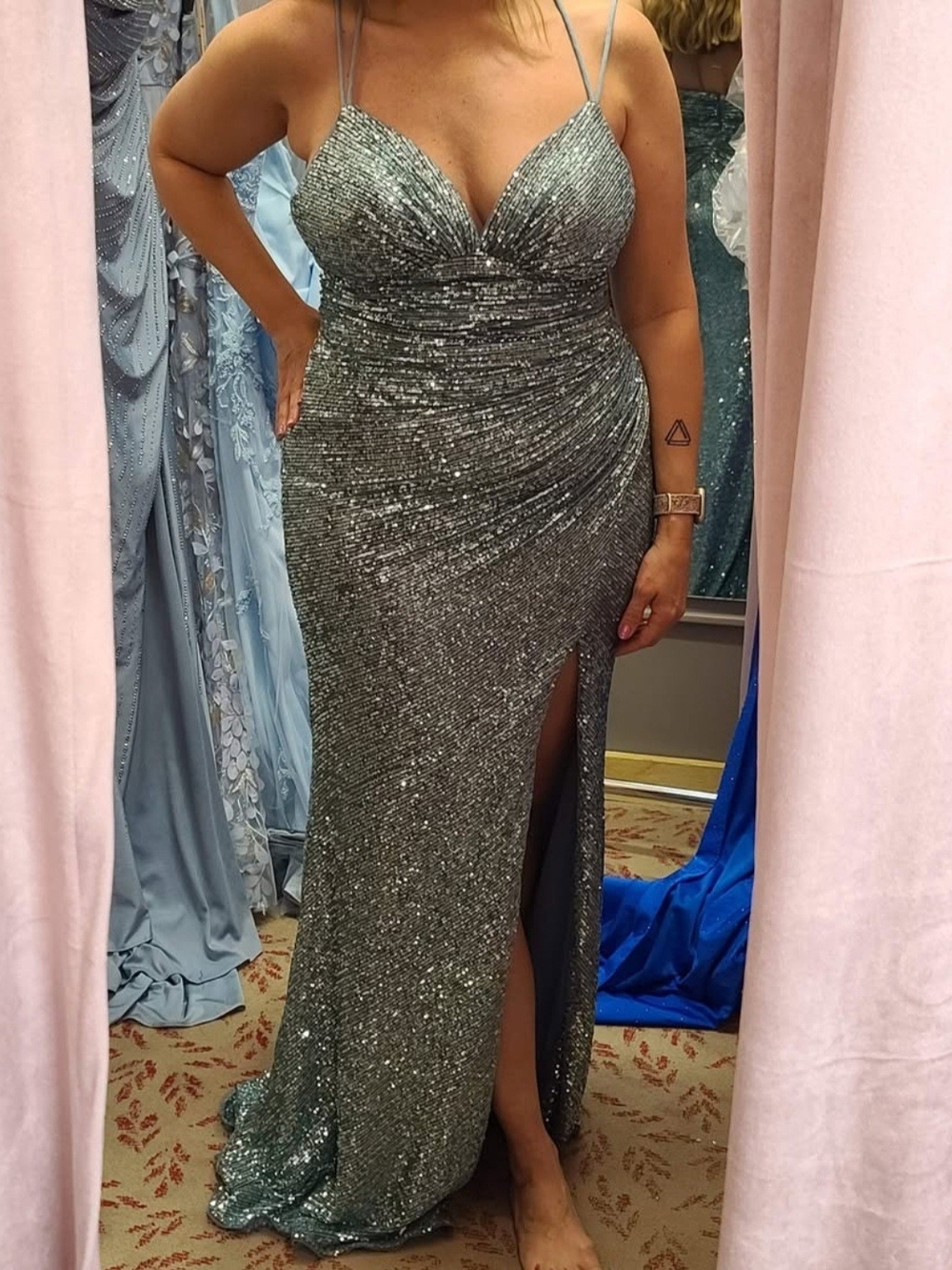 Faviana Silver Sequin Spaghetti-Strap Prom Gown with Thigh Slit